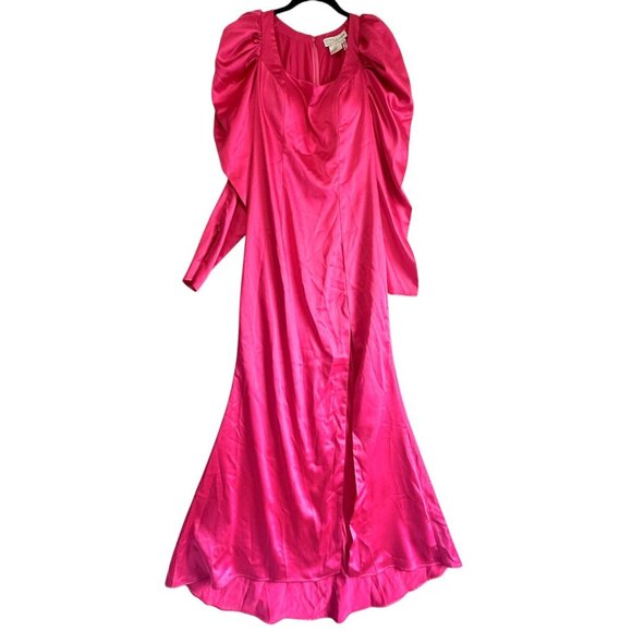 Ieena for Mac Duggal Puff Sleeve High Slit Formal Satin Gown Hot Pink Size 6 - Picture 3 of 10